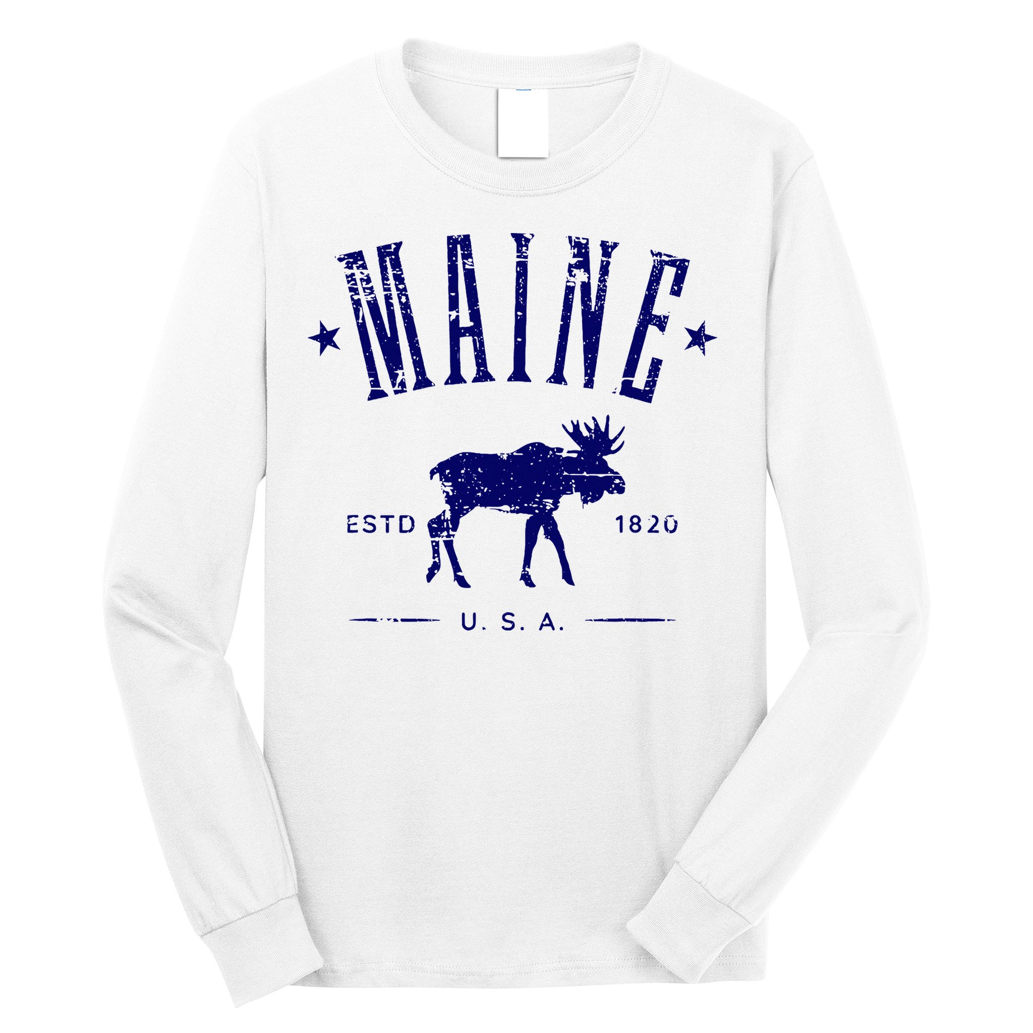 Maine Usa With Moose Distressed Design Souvenir Long Sleeve Shirt