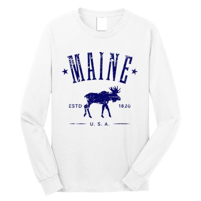 Maine Usa With Moose Distressed Design Souvenir Long Sleeve Shirt