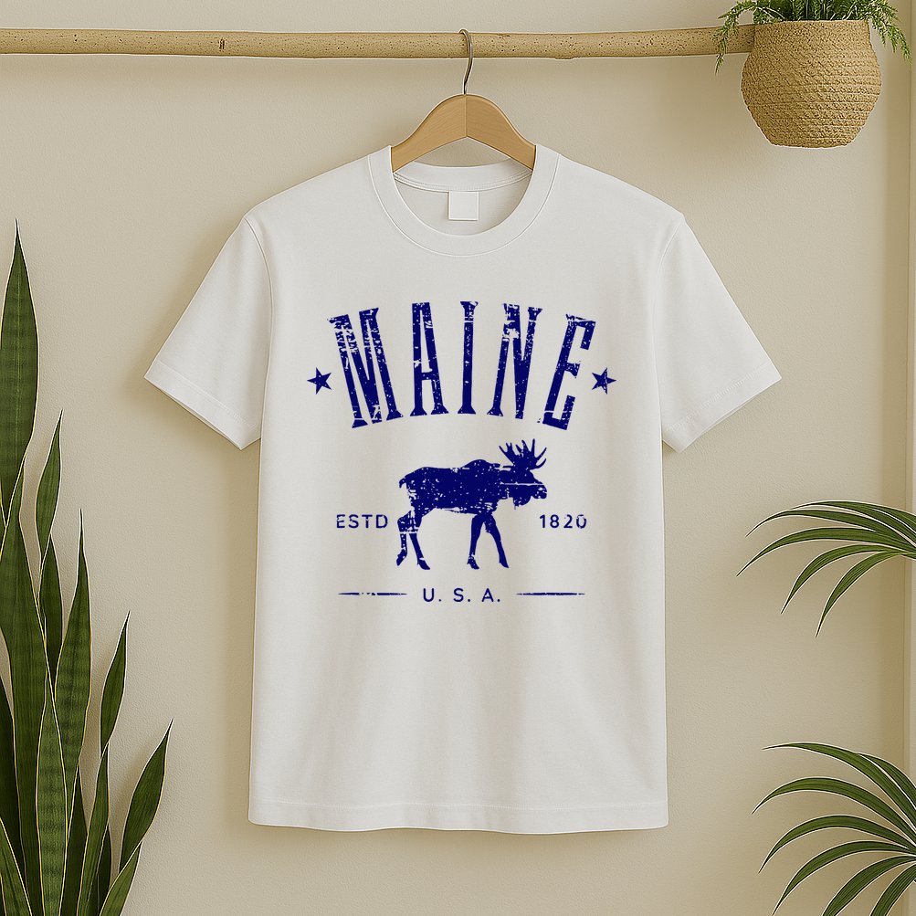 Maine Usa With Moose Distressed Design Souvenir T-Shirt