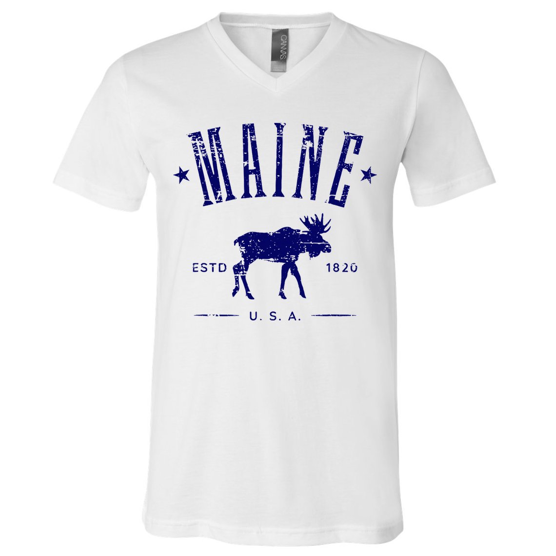 Maine Usa With Moose Distressed Design Souvenir V-Neck T-Shirt