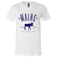 Maine Usa With Moose Distressed Design Souvenir V-Neck T-Shirt