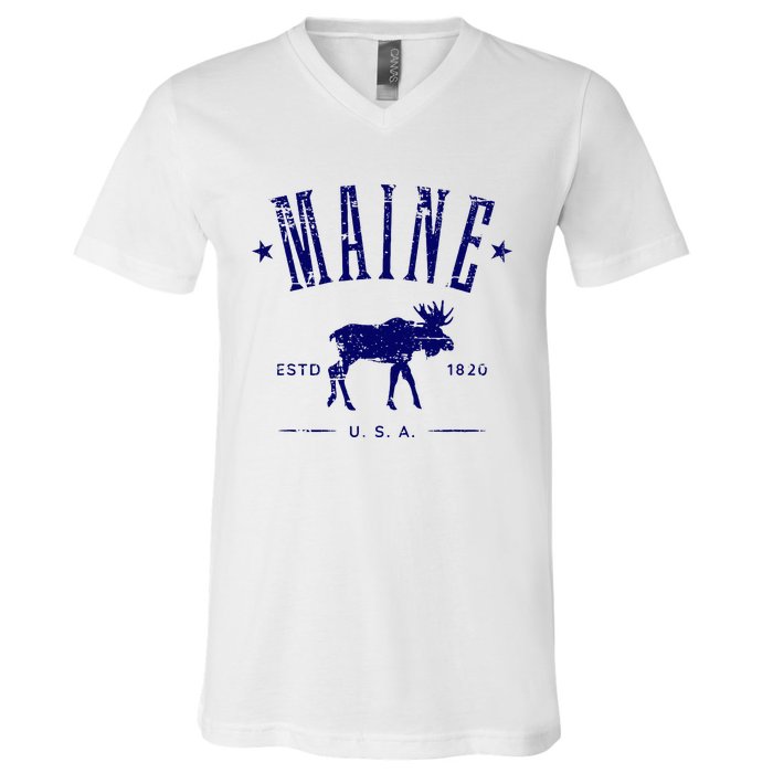 Maine Usa With Moose Distressed Design Souvenir V-Neck T-Shirt