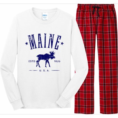 Maine Usa With Moose Distressed Design Souvenir Long Sleeve Pajama Set