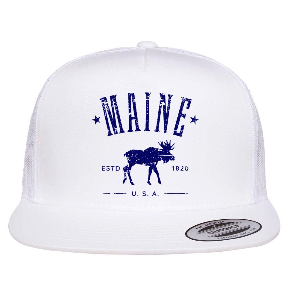 Maine Usa With Moose Distressed Design Souvenir Flat Bill Trucker Hat