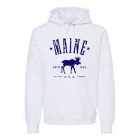 Maine Usa With Moose Distressed Design Souvenir Premium Hoodie