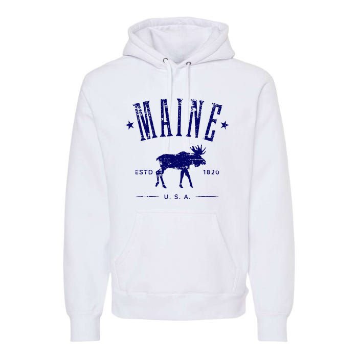 Maine Usa With Moose Distressed Design Souvenir Premium Hoodie