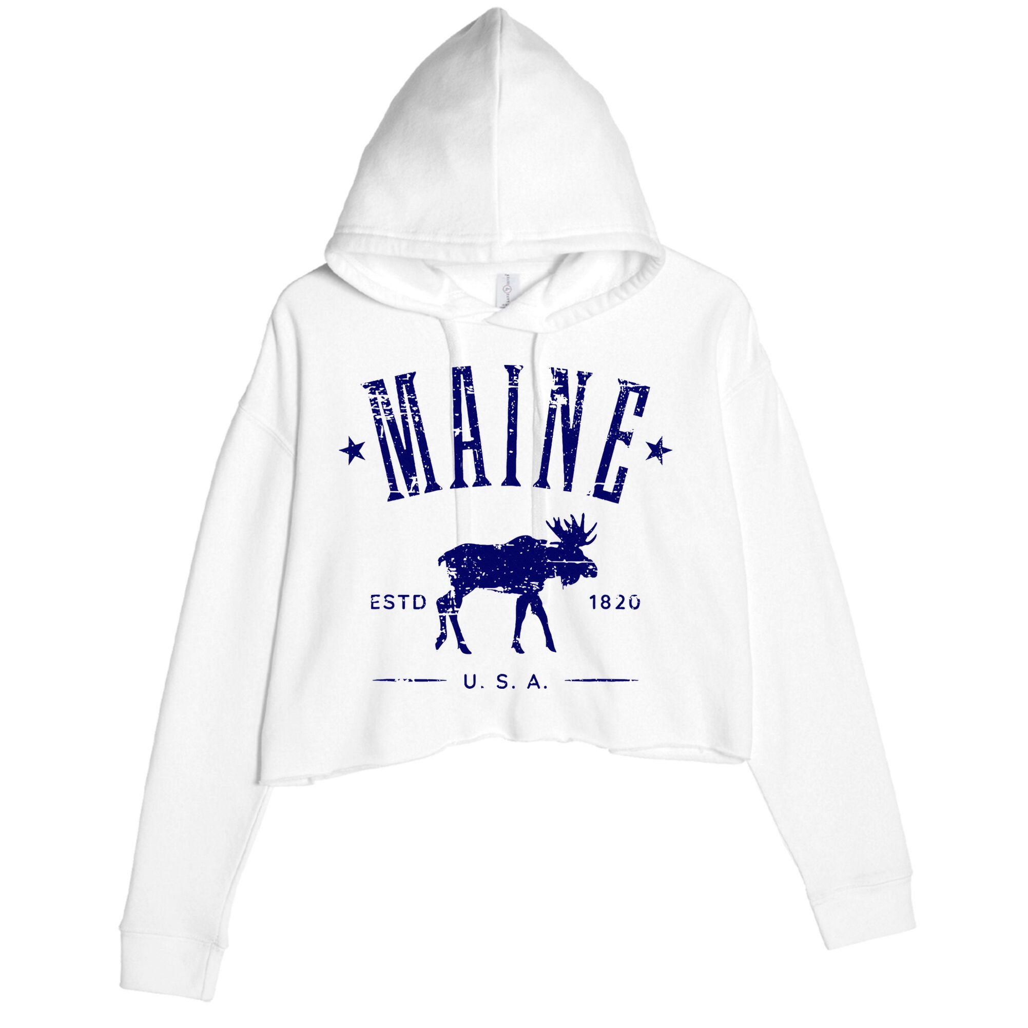 Maine Usa With Moose Distressed Design Souvenir Crop Fleece Hoodie