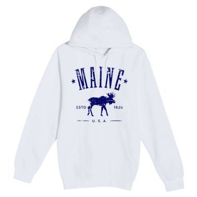 Maine Usa With Moose Distressed Design Souvenir Premium Pullover Hoodie