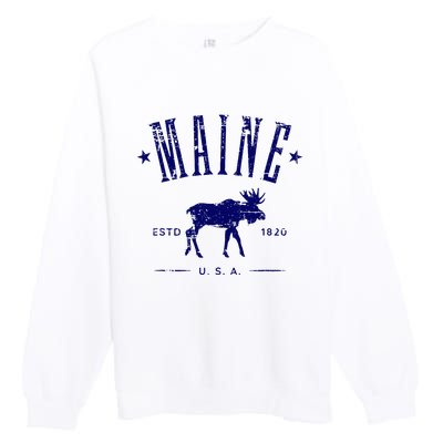 Maine Usa With Moose Distressed Design Souvenir Premium Crewneck Sweatshirt