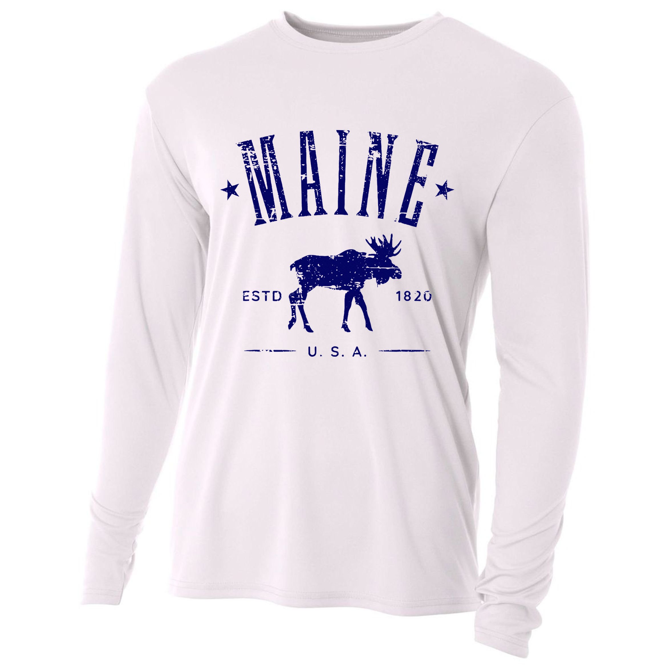 Maine Usa With Moose Distressed Design Souvenir Cooling Performance Long Sleeve Crew