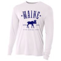 Maine Usa With Moose Distressed Design Souvenir Cooling Performance Long Sleeve Crew