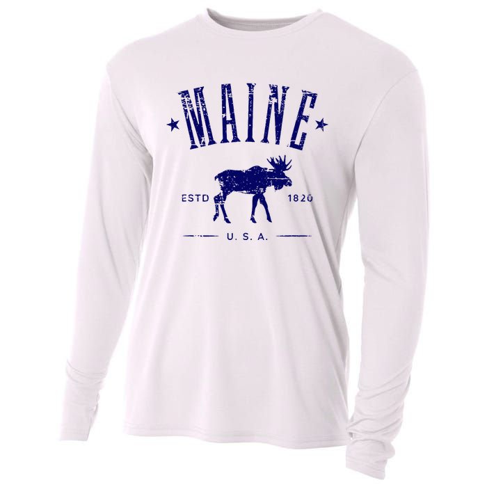 Maine Usa With Moose Distressed Design Souvenir Cooling Performance Long Sleeve Crew