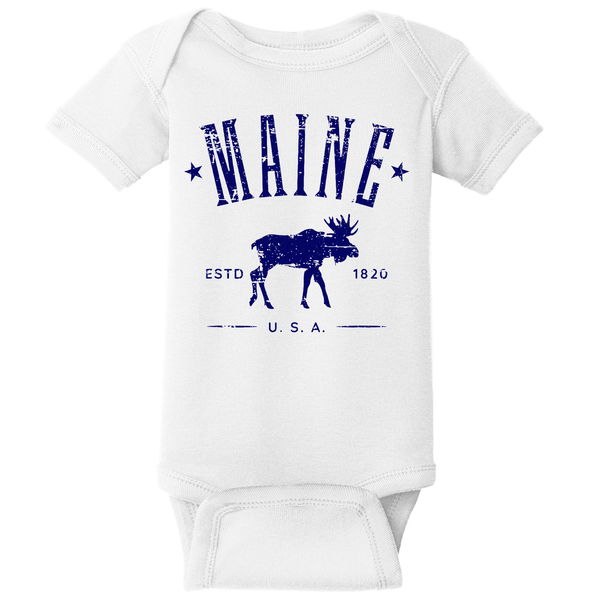 Maine Usa With Moose Distressed Design Souvenir Baby Bodysuit
