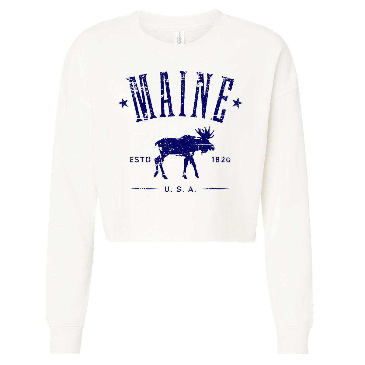 Maine Usa With Moose Distressed Design Souvenir Cropped Pullover Crew