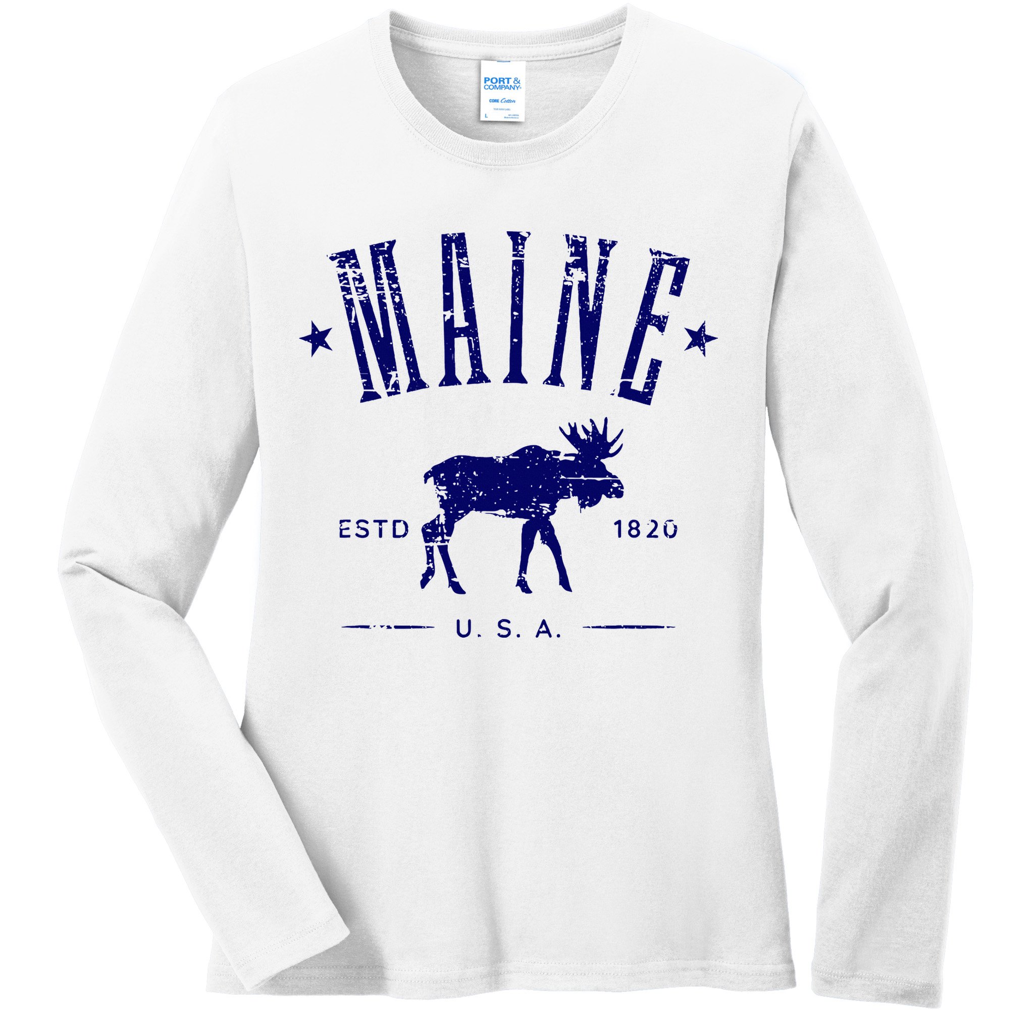 Maine Usa With Moose Distressed Design Souvenir Ladies Long Sleeve Shirt