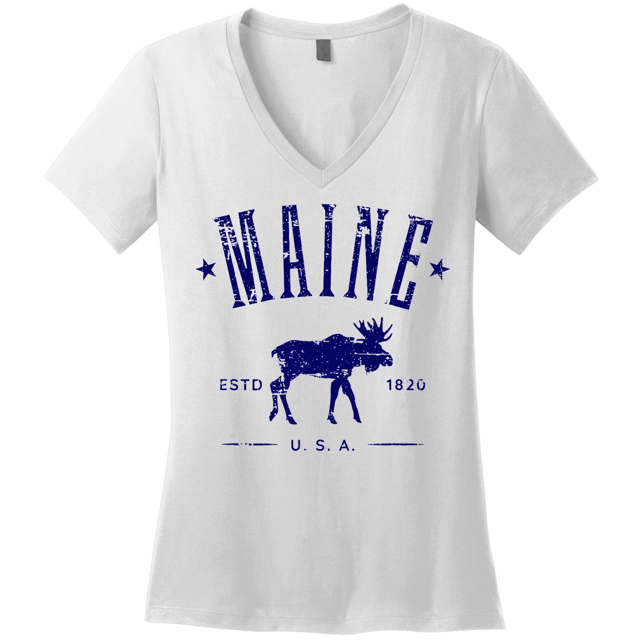 Maine Usa With Moose Distressed Design Souvenir Women's V-Neck T-Shirt