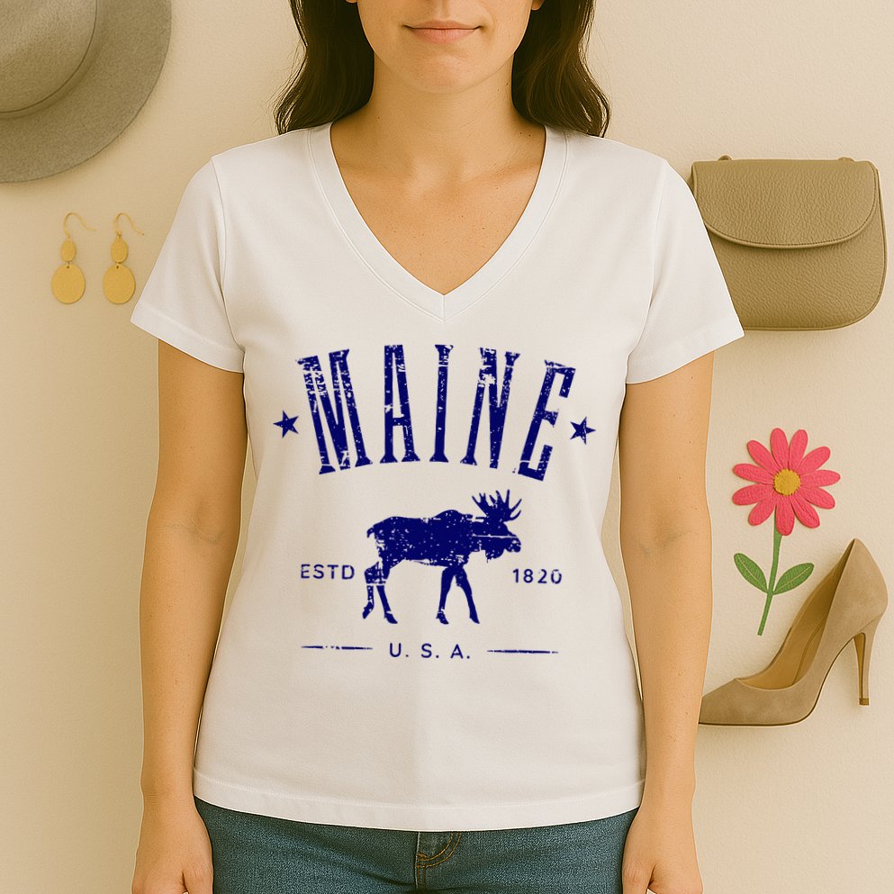 Maine Usa With Moose Distressed Design Souvenir Women's V-Neck T-Shirt