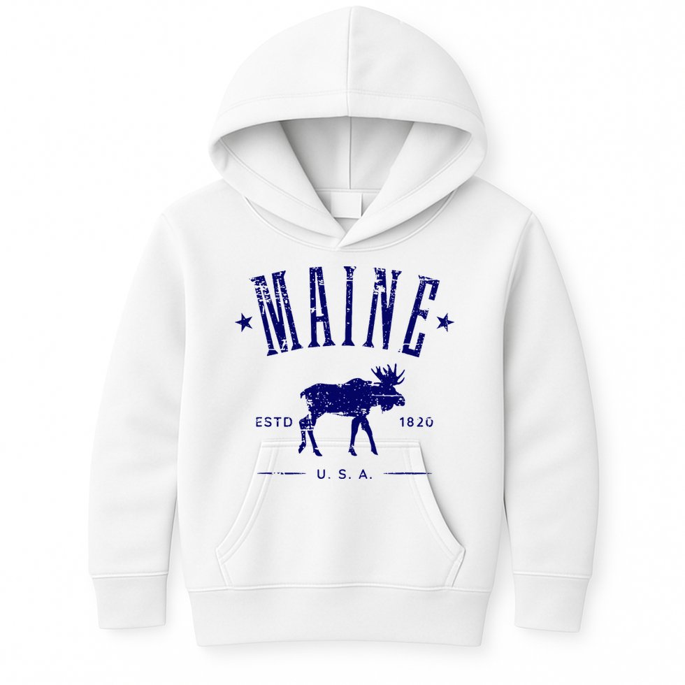 Maine Usa With Moose Distressed Design Souvenir Kids Hoodie