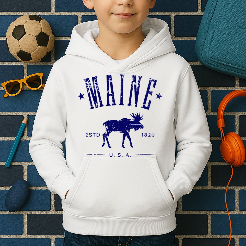 Maine Usa With Moose Distressed Design Souvenir Kids Hoodie