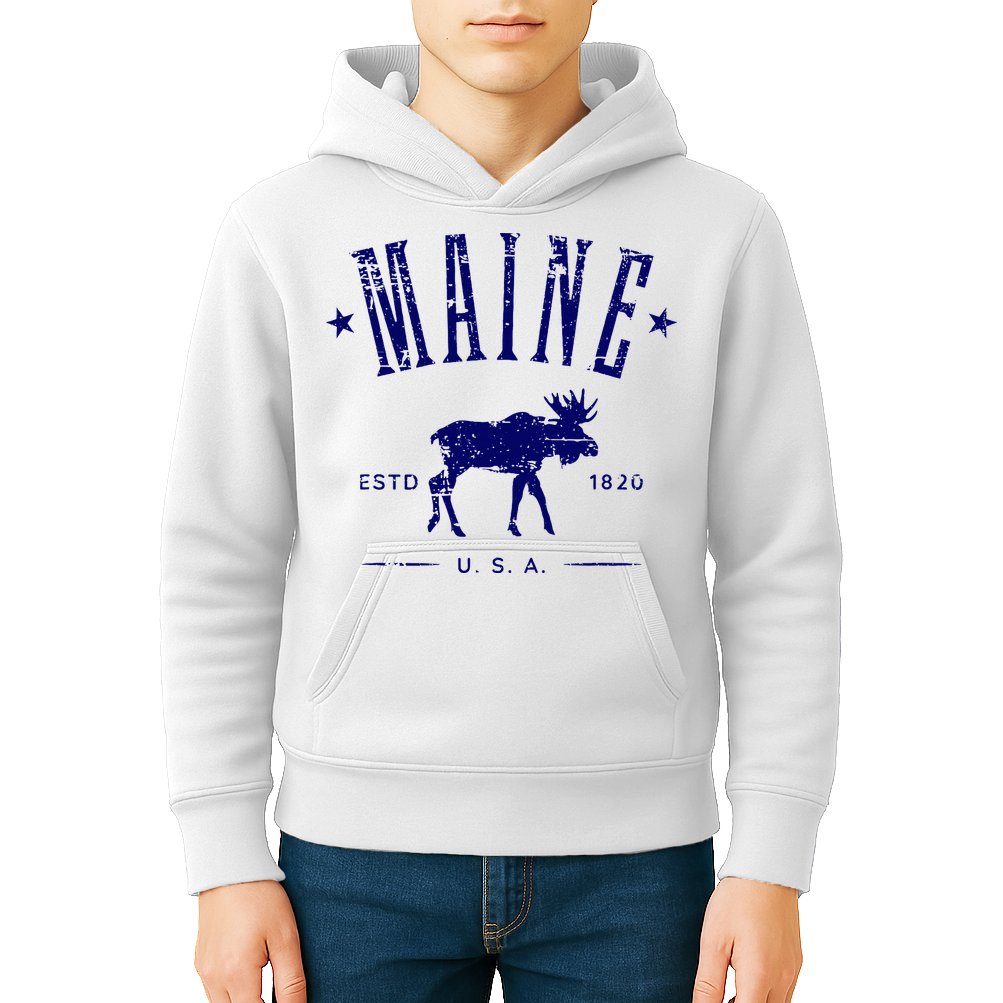 Maine Usa With Moose Distressed Design Souvenir Kids Hoodie