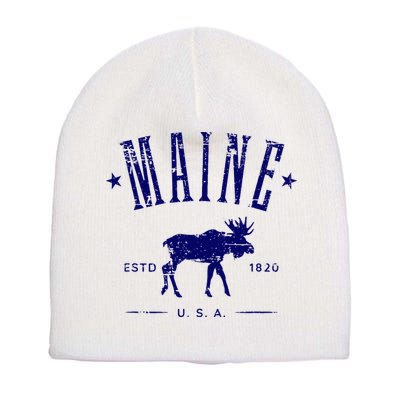 Maine Usa With Moose Distressed Design Souvenir Short Acrylic Beanie
