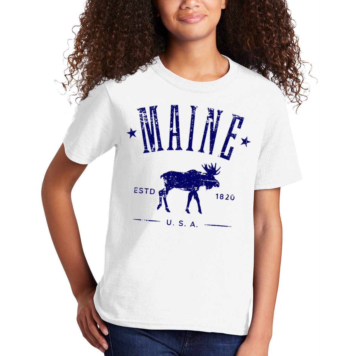 Maine Usa With Moose Distressed Design Souvenir Kids T-Shirt