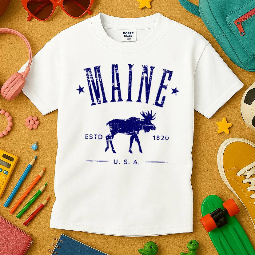 Maine Usa With Moose Distressed Design Souvenir Kids T-Shirt