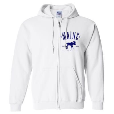 Maine Usa With Moose Distressed Design Souvenir Full Zip Hoodie