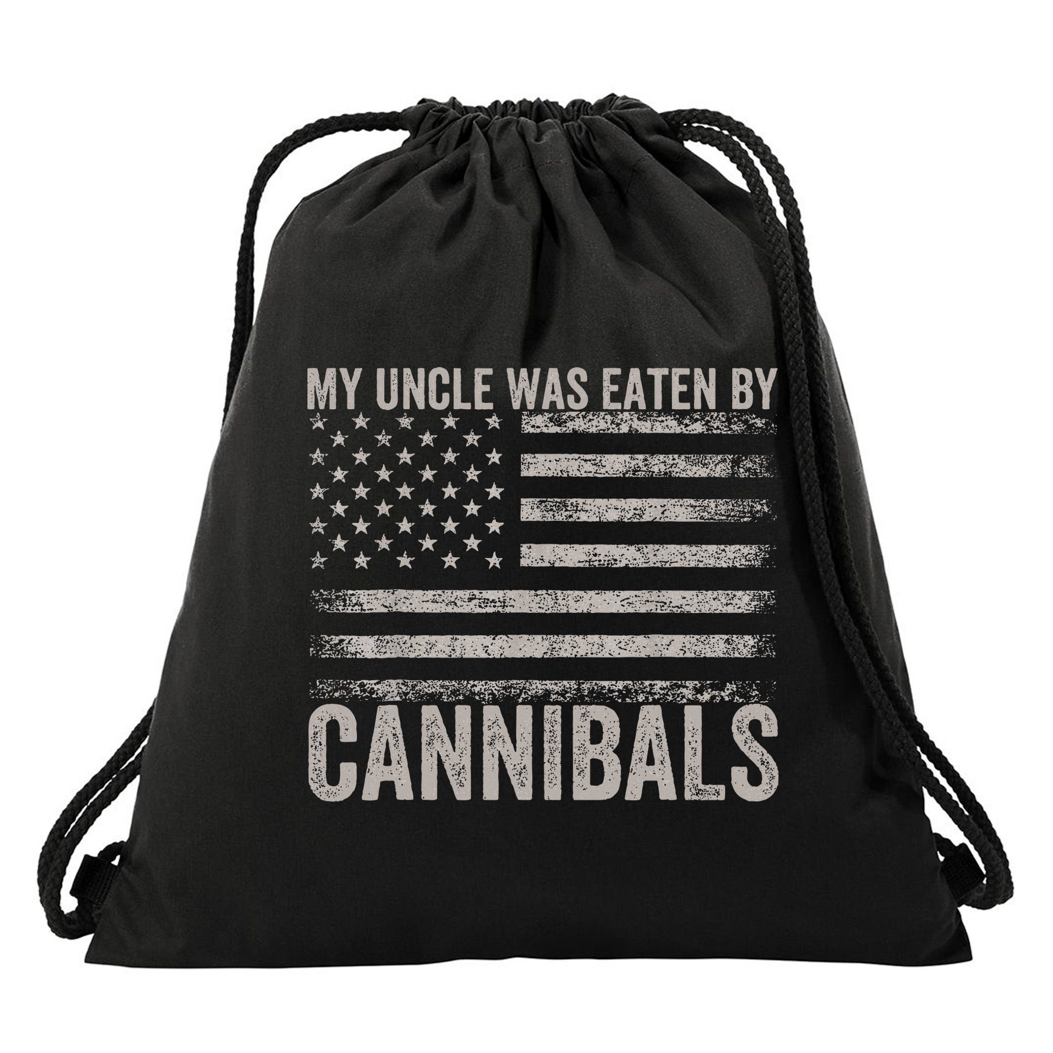 My Uncle Was Eaten By Cannibals Funny Usa Flag Drawstring Bag