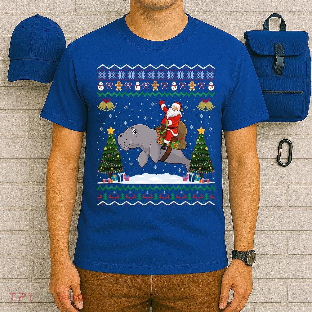 Manatee Ugly Xmas Gift Santa Riding Atee Christmas Cool Gift T-Shirt