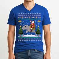 Manatee Ugly Xmas Gift Santa Riding Atee Christmas Cool Gift V-Neck T-Shirt