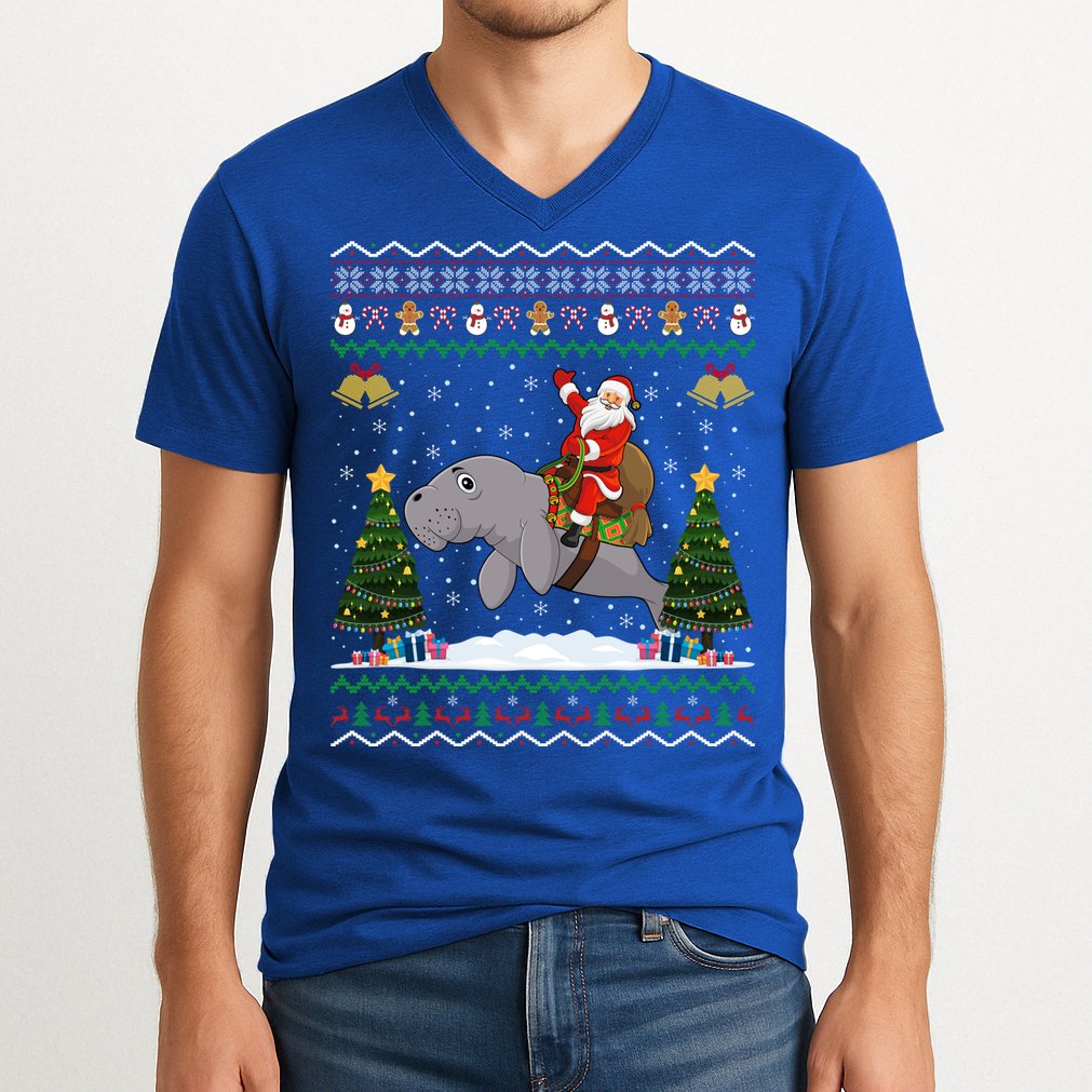 Manatee Ugly Xmas Gift Santa Riding Atee Christmas Cool Gift V-Neck T-Shirt