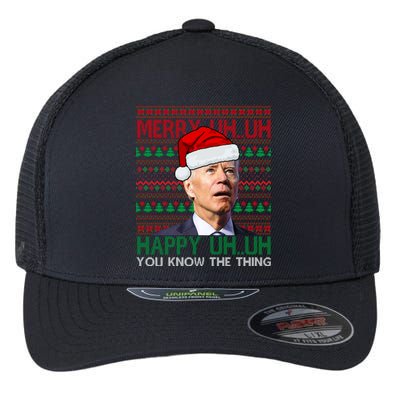 Merry Uh You Know The Thing Confused Joe Biden Funny Ugly Christmas Flexfit Unipanel Trucker Cap