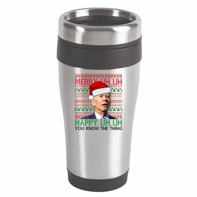 Merry Uh You Know The Thing Confused Joe Biden Funny Ugly Christmas 16oz Travel Tumbler