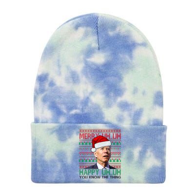 Merry Uh You Know The Thing Confused Joe Biden Funny Ugly Christmas Tie Dye 12in Knit Beanie