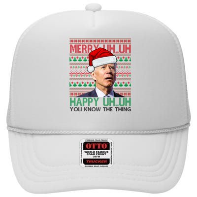 Merry Uh You Know The Thing Confused Joe Biden Funny Ugly Christmas High Crown Mesh Back Trucker Hat