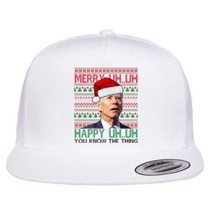 Merry Uh You Know The Thing Confused Joe Biden Funny Ugly Christmas Flat Bill Trucker Hat