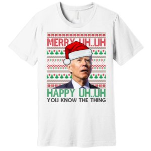 Merry Uh You Know The Thing Confused Joe Biden Funny Ugly Christmas Premium T-Shirt