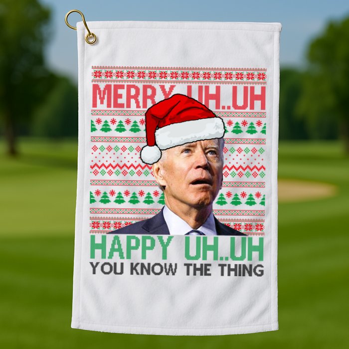 Merry Uh You Know The Thing Confused Joe Biden Funny Ugly Christmas Golf Towel