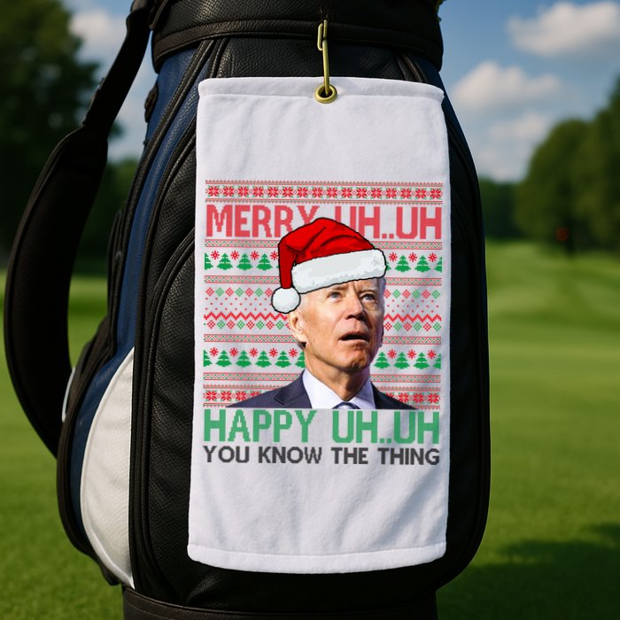 Merry Uh You Know The Thing Confused Joe Biden Funny Ugly Christmas Golf Towel