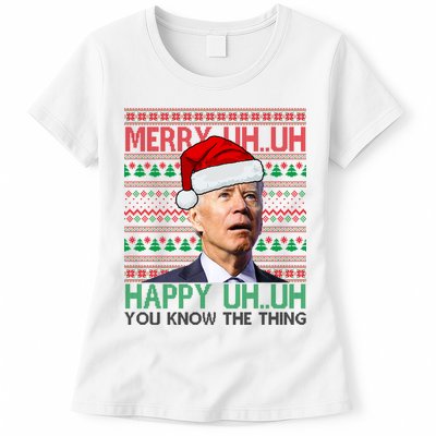 Merry Uh You Know The Thing Confused Joe Biden Funny Ugly Christmas Womens T-Shirt