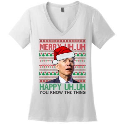 Merry Uh You Know The Thing Confused Joe Biden Funny Ugly Christmas Women's V-Neck T-Shirt