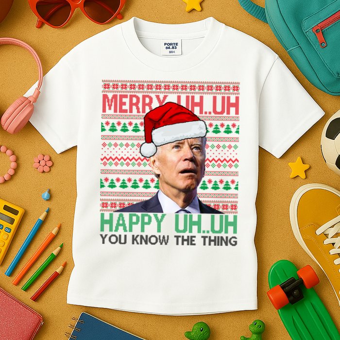 Merry Uh You Know The Thing Confused Joe Biden Funny Ugly Christmas Kids T-Shirt