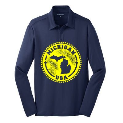 Michigan USA Yellow Logo Silk Touch Performance Long Sleeve Polo