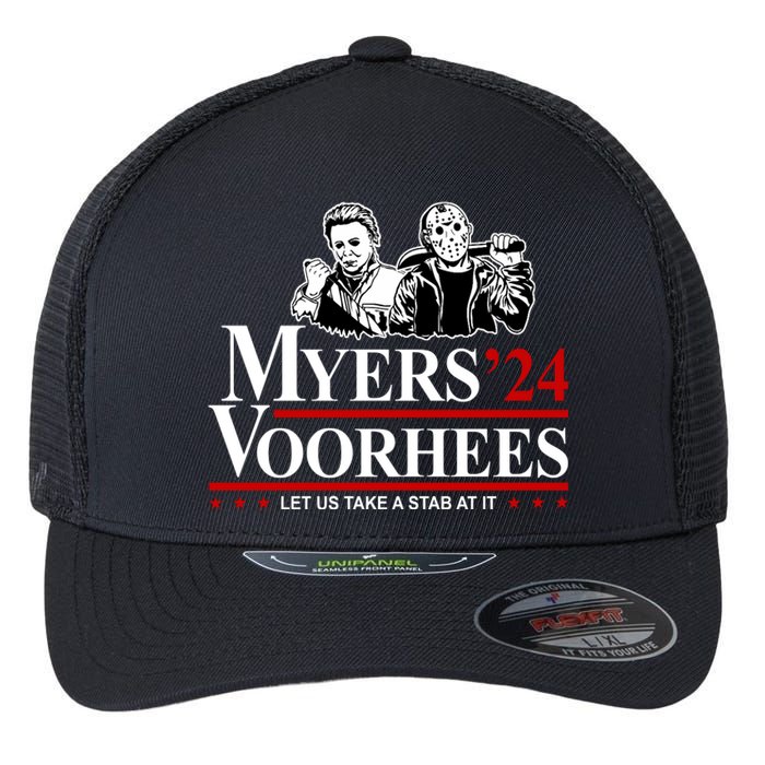 Myers Voorhees 24 Let Us Take A Stab At It Funny Scary Flexfit Unipanel Trucker Cap