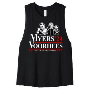 Myers Voorhees 24 Let Us Take A Stab At It Funny Scary Women's Racerback Cropped Tank