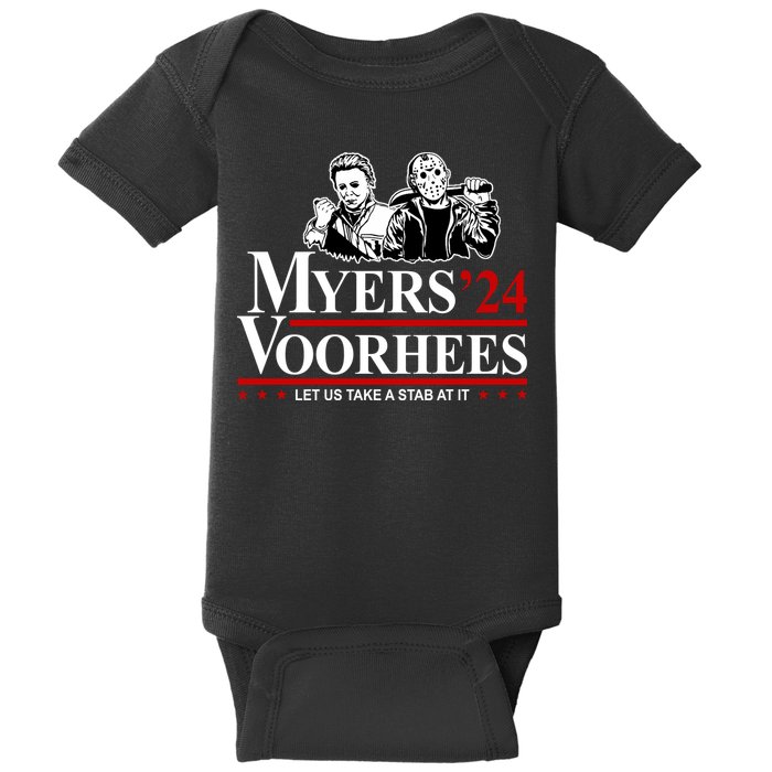 Myers Voorhees 24 Let Us Take A Stab At It Funny Scary Baby Bodysuit