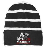 Myers Voorhees 24 Let Us Take A Stab At It Funny Scary Striped Beanie with Solid Band