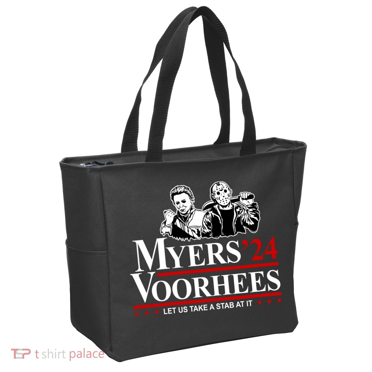 Myers Voorhees 24 Let Us Take A Stab At It Funny Scary Zip Tote Bag
