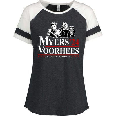 Myers Voorhees 24 Let Us Take A Stab At It Funny Scary Enza Ladies Jersey Colorblock Tee